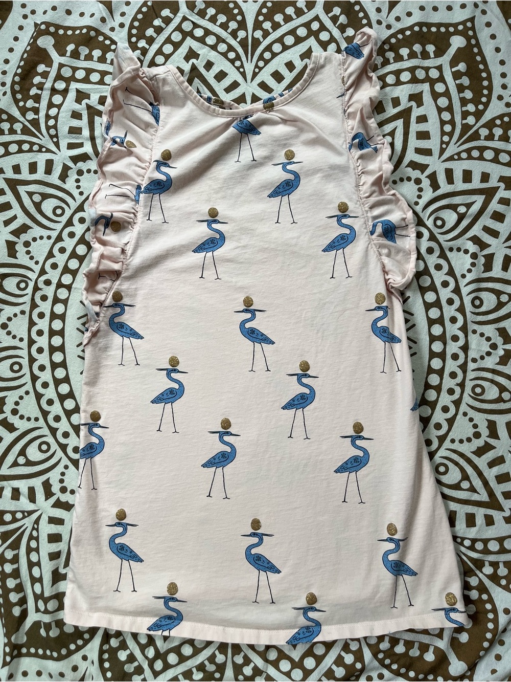 Tea Collection Light Pink Flamingo Print Top with Blue Birds and Gold Dots